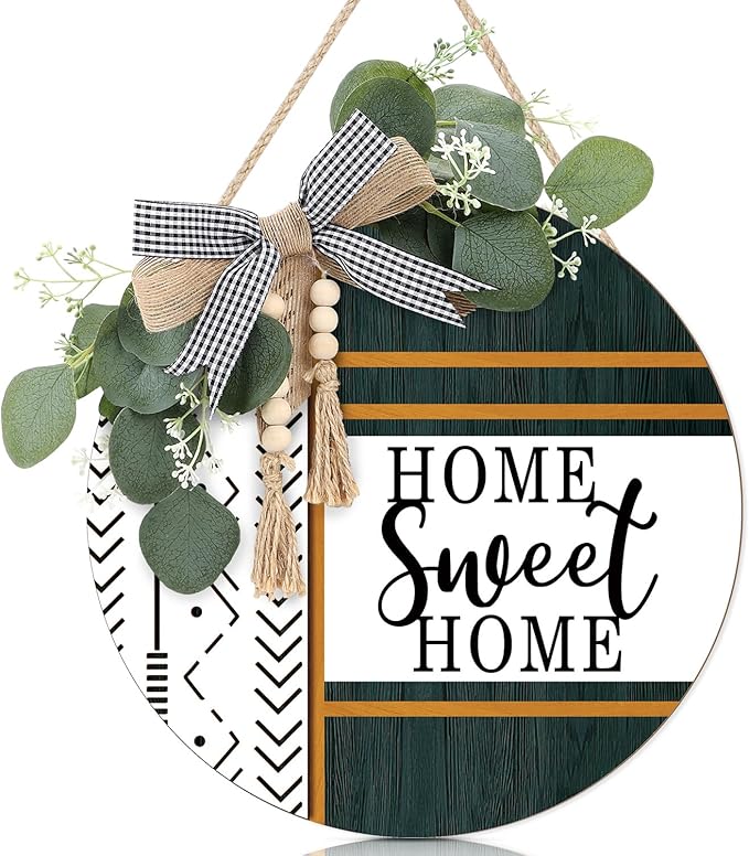 CHDITB Boho 3D Home Sweet Home Front Door Wreath Sign(12"x12"), Farmhouse Porch Decor Sign with Green Leaves Plaid Bow Bead, Rustic All Year Seasons Hanger Decoration Hanging for Office Home