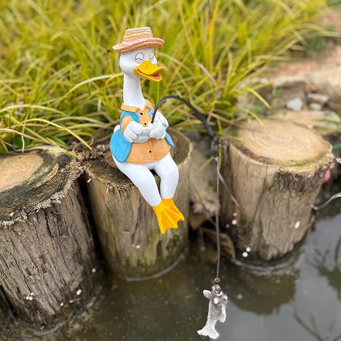 Garden Duck Outdoor Fishing Koi Statue, Goose Statues Decorations for Yard 9.7'' Fishing Duck Sculpture Garden Decor, Fishing Guy for Waterfalls or Koi Pond Decor, Gifts for Women, Mom or Birthdays
