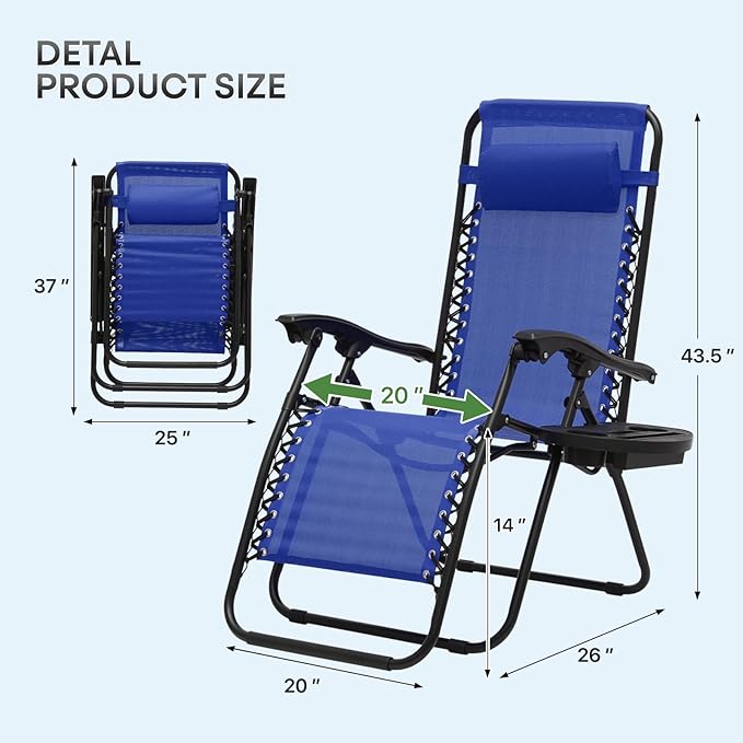 Athena Collection Zero Gravity Chair, Outdoor Lounge Chair with Adjustable Pillow and Cup Holder, Reclining Camping Chair for Outside Beach Lawn Garden Patio Poolside Set of 2 - Blue