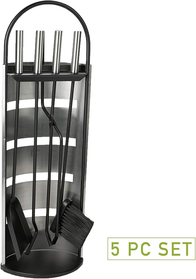 Mind Reader Fireplace Set with Stand, Brush, Shovel Scoop, Poker, Tongs, Durable Steel, 9"L x 6"W x 26.25"H, 4 Pcs, Silver