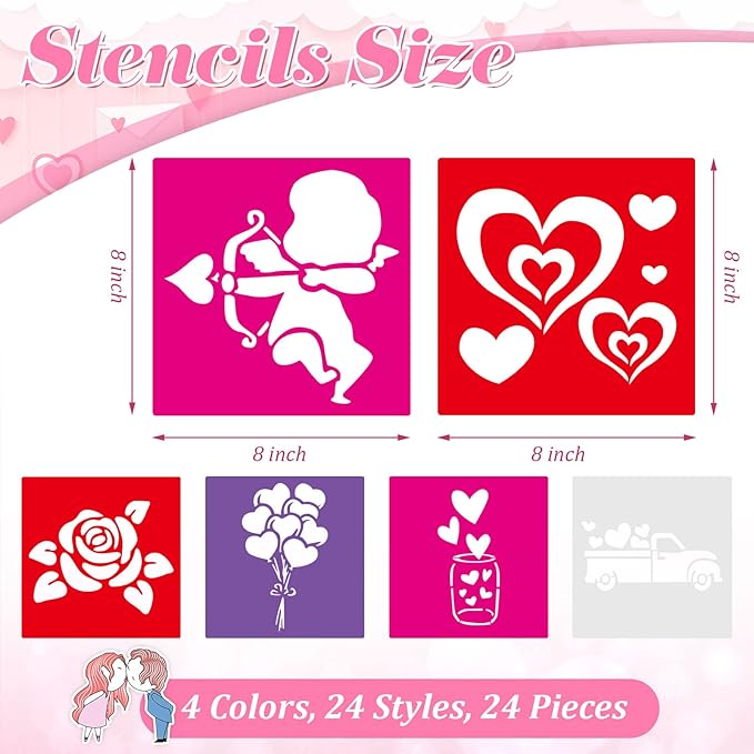 24 Pcs Valentine's Day Stencil Set 8 x 8 Inch Reusable Plastic Love Heart Drawing Painting Templates Valentine Stencils Painting on Wood Paper Cards Scrapbook DIY Rock Furniture Art Crafts
