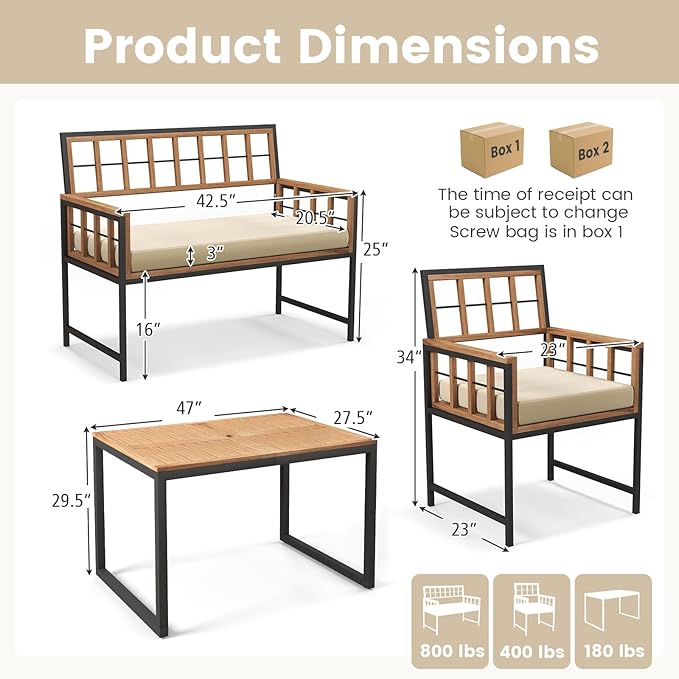 Tangkula 4 Piece Patio Dining Set, Outdoor Wood Dining Furniture W/ 2 Chairs & 1 Loveseat, 47” Acacia Wood Table W/Umbrella Hole, Cozy Seat Cushions, Outside Furniture Set for Backyard, Poolside