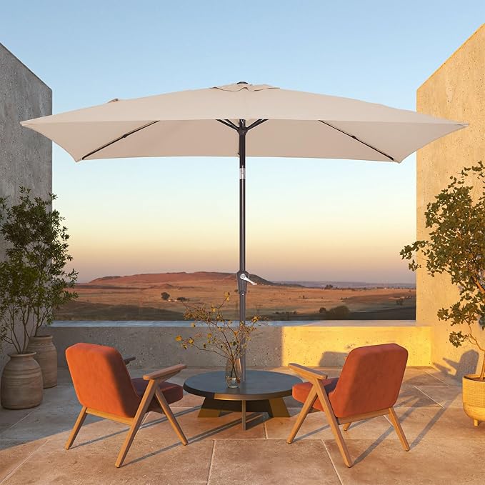 JEAREY 6.5x10 ft Rectangular Patio Umbrellas Outdoor Market Umbrella with Push Button Tilt and Crank, Rectangle Table Umbrellas 6 Sturdy Ribs UV Protection for Pool Garden Backyard Deck, Tan