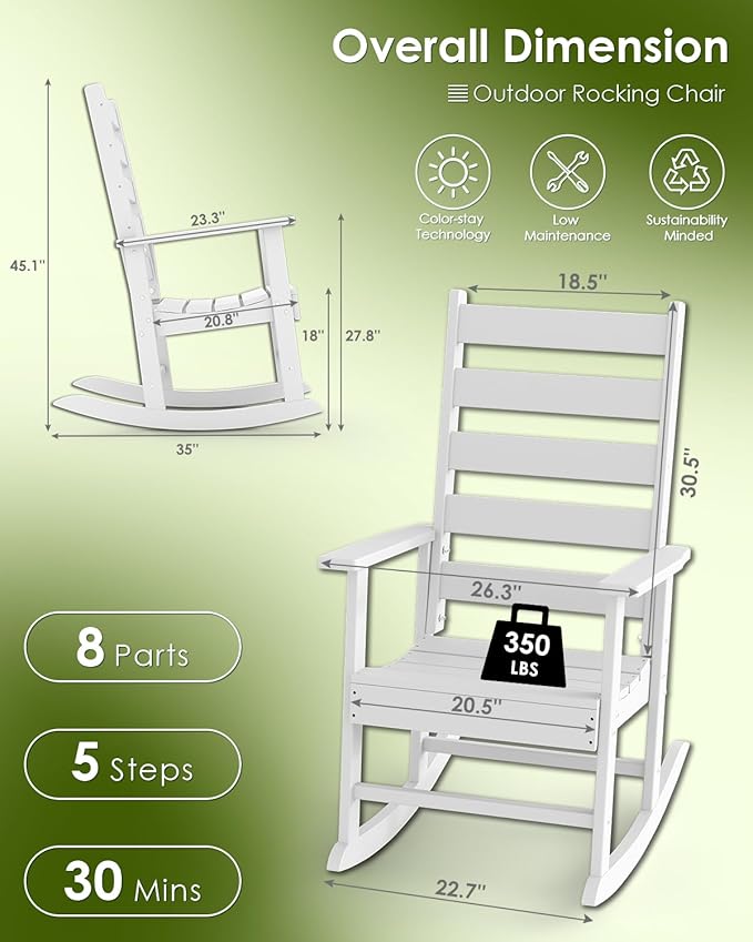 GREENVINES Outdoor-Rocking-Chairs-Set-of-4 | HDPE Plastic | Patio Rockers | Porch Rocker Chair | Shaker | Oversized | High Ladder Back | Big & Tall | PentaLuxe | White
