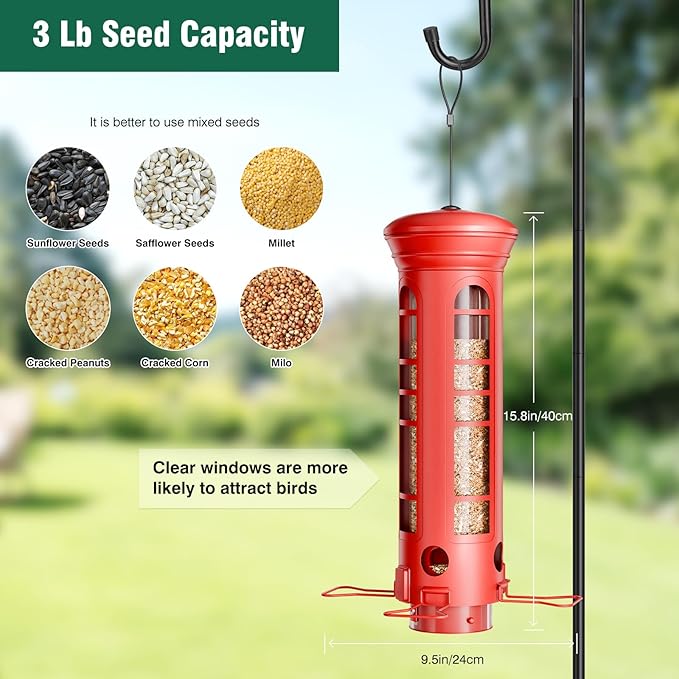 Squirrel Proof Metal Bird Feeder, Removable Base for Cleaning, Weight Activated Perches, 3 Lbs Capacity, Weatherproof & Rust Proof, Outdoor Hanging Bird Feeder for Cardinals, Finches