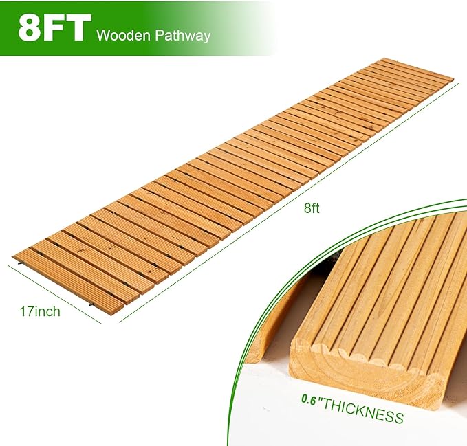 LINSHRY 8FT Wooden Garden Pathway, Outdoor Roll Out Decorative Garden Walkway, Weather-Resistant Non-Slip Wooden Walkway Pavers for Backyard, Beach, Wedding Party Paths