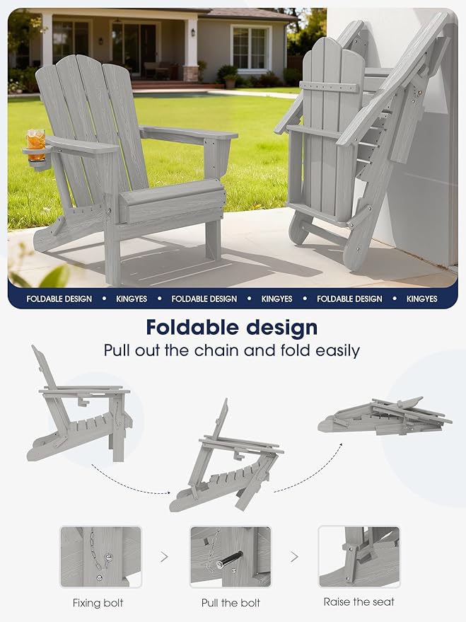 KINGYES Folding Adirondack Chair Set of 8, HDPE All-Weather Patio Chairs with Cup Holder, Wooden Textured Fire Pit Chairs for Poolside, Backyard, Deck, Silver Grey