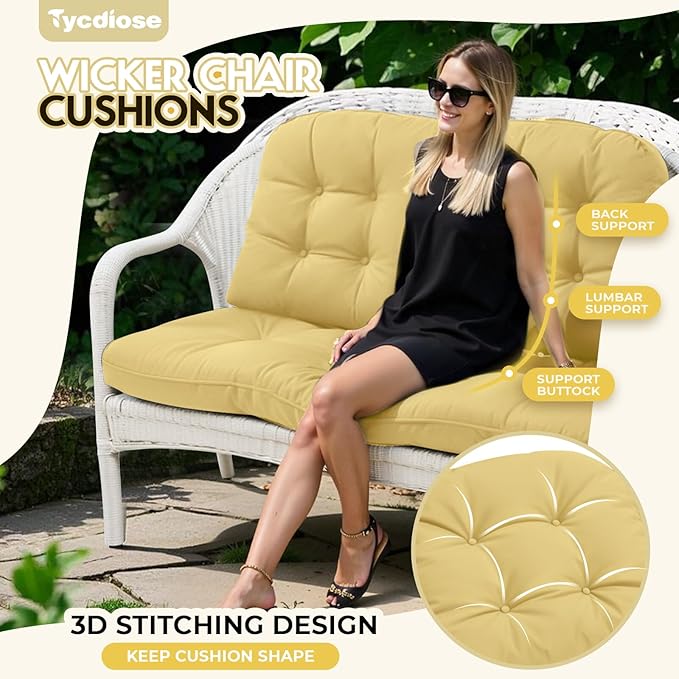 All Weather Wicker Chair Cushions of 3 Pieces, Waterproof Outdoor Wicker Chair Cushion for Patio Furniture Loveseat Settee Bench, 1 Loveseat and 2 U-Shaped Thickened Cushions, Khaki