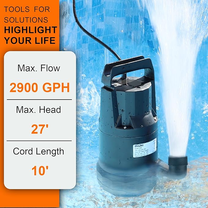 WASSERMANN 1/3HP Submersible Water Pump-Oil Free Design with 10 FT Power Cord,2900GPH Thermoplastic Utility Portable Transfer Pump Clean Water Removal Drain Pump for Swimming Pool Garden Basement