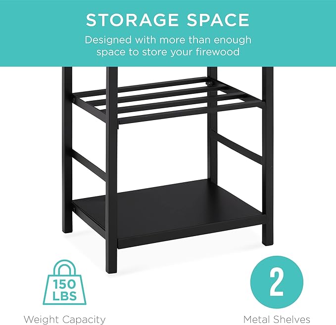 Best Choice Products 5-Piece Indoor Outdoor Wrought Iron Firewood Log Storage Rack Holder Firepit Tools Set for Fireplace, Fire Pit, Stove w/Hook, Broom, Shovel, Tongs - Black