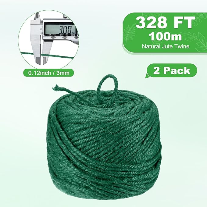 2-Pack Natural Jute Twine String, 3mm x 328ft/100m Long Garden Twine Balls for Crafts/Gift Wrapping/Gardening Plants, Durable Plant Ties Thick Rope [Dark Green]