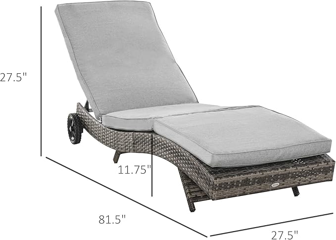Outsunny Wicker Chaise Lounge Chair Outdoor PE Rattan Cushioned Patio Sun Lounger with 5-Level Adjustable Backrest & Wheels for Easy Movement, Mixed Gray