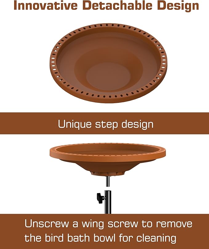 Bird Baths for Outdoors, Detachable Birdbaths for The Garden Clearance, Freestanding Bird Baths for Outdoors Heavy Duty, Bird Bath Bowl Spa & Birdfeeder with Metal Stake Stand, Circle Shape (Brown)