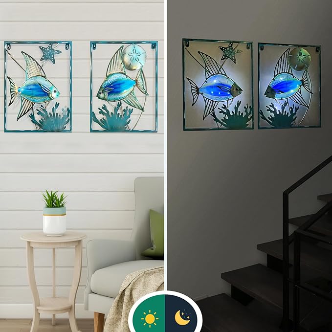 LIFFY Metal Fish Wall Decor with Frame-Outdoor Wall Art, Wall Decor with LED Fairy Lights, Fish Glass Art Wall Sculpture for Patio,Beach,Garden,Yard,Pool,home gift(2pcs, Blue)