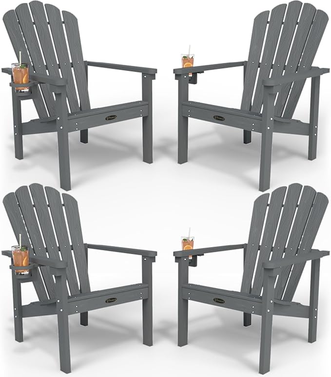 Stackable Adirondack Chair Set of 4, HDPE All-Weather Adirondack Chairs - Durable and Space Saving, Plastic Outdoor Fire Pit Chairs with Cup Holder,Grey