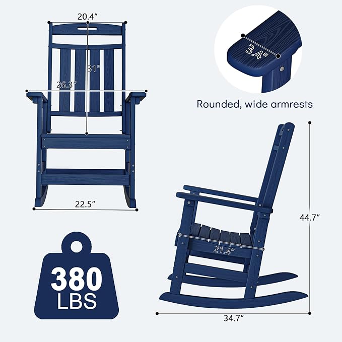 Plawdlik Oversized Outdoor Rocking Chair - All-Weather Resistant,HDPE Heavy Duty Patio Rockers with High Back - Perfect for Porch,Garden,Modern Style Set of 2-Navy Blue