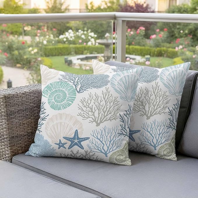 Blue Ocean Shells Coral Waterproof Pillow Covers Set of 2,Conch Starfish Marine Life Outdoor Pillow Protectors with Zipper Pillowcases for Patio Tent Garden Beach 20x20 Inches