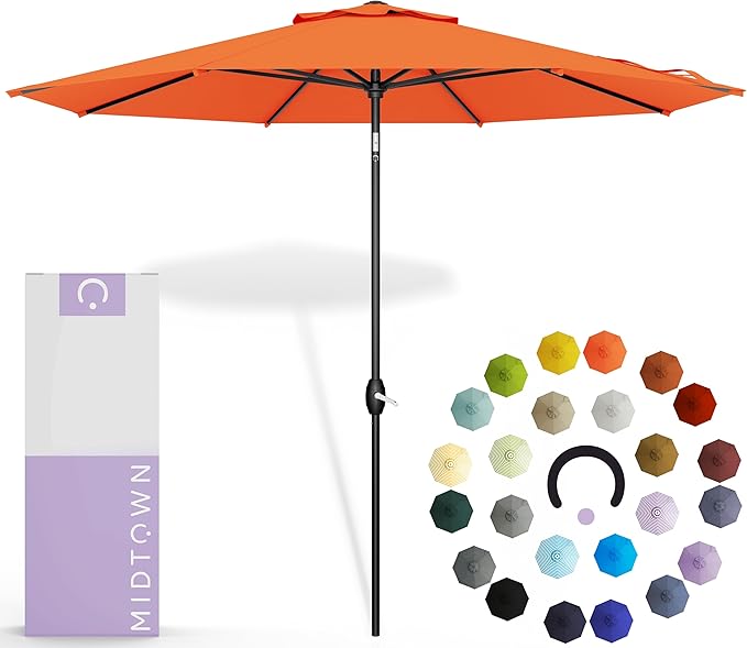 Midtown Umbrellas - 10-Year-No-Fade 6 Ft Patio Umbrella with Terylast Fabric, Auto-Tilt Aluminum Frame and 8 Reinforced Ribs for Deck, Pool, Garden & Beach - Tangerine Canopy, Black Pole