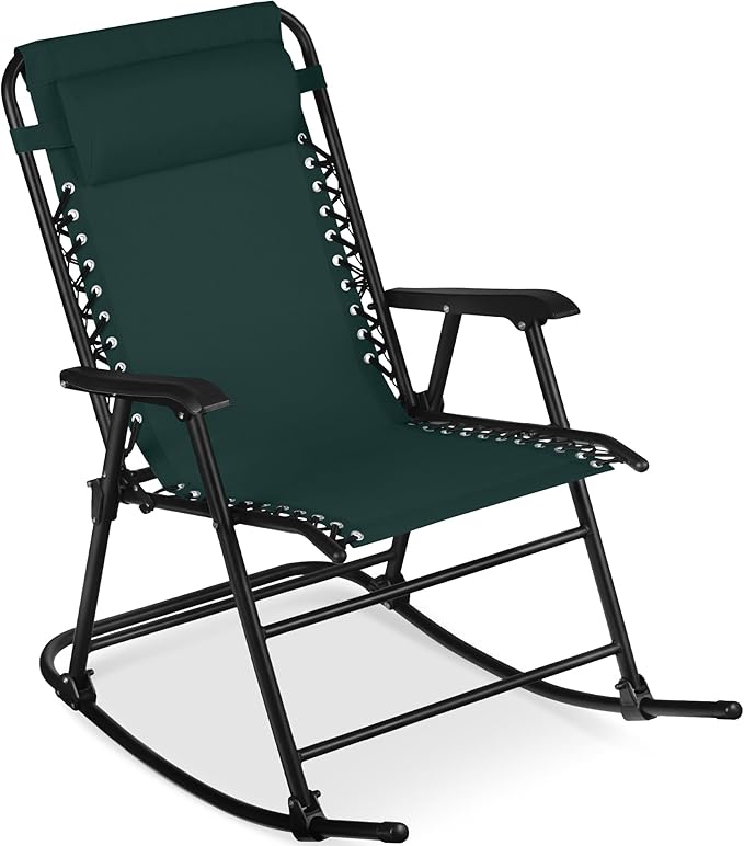Best Choice Products Outdoor Folding Rocking Chair, Zero Gravity Lounge Chair, Patio Rocker w/Headrest Pillow - Forest Green