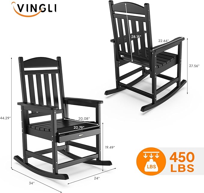 VINGLI Outdoor Rocking Chair Set of 2, HDPE Rocking Chair with Higher Backrest, All Weather Rocker for Garden, Yard, Balcony, Black