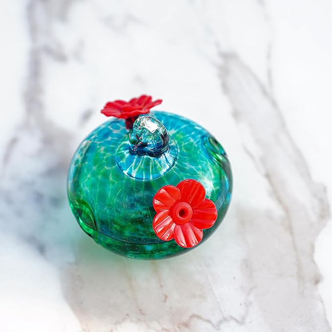 3inch Blown Glass Hummingbird Feeders for Outdoors Small Glass Hummingbird Feeders to Attract Hummingbirds Ant and Bee Resistant Round Feeder Unique Gifts for Woman - 2 Feeding Ports