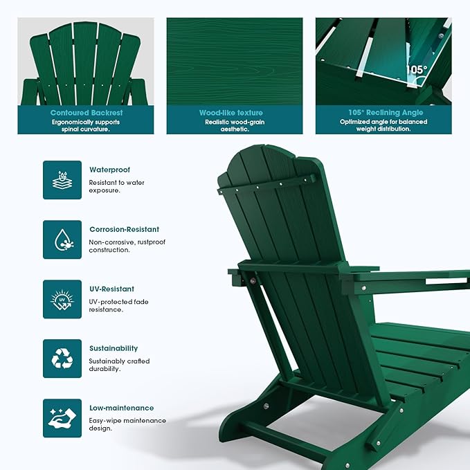 Folding Adirondack Chair Set of 8,HDPE All-Weather Outdoor Chair with Cup Holder,Wooden Textured,Fire Pit Chair,Plastic Patio Chair for Deck,Backyard,Garden,Lawn(Green)