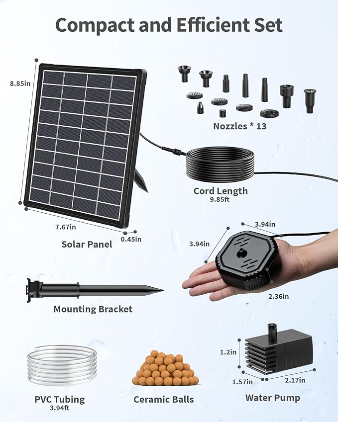 POPOSOAP 6.5W Solar Fountain Pump with Filter Box Built-in Battery Backup, Solar Water Fountain with Nozzles & Tubing for Bird Bath, Small Ponds, Fish Tanks & Water Gardens P3065D