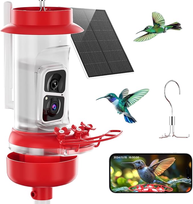 Soliom Hummingbird Feeder with Camera, Smart Feeder Camera Solar Powered with 2K Live View AI Identify, Leak Proof & Ant Moat & Bee Proof, Outdoor Pole/Hook Hanging, 16 OZ Ideal Gifts for Family-Red