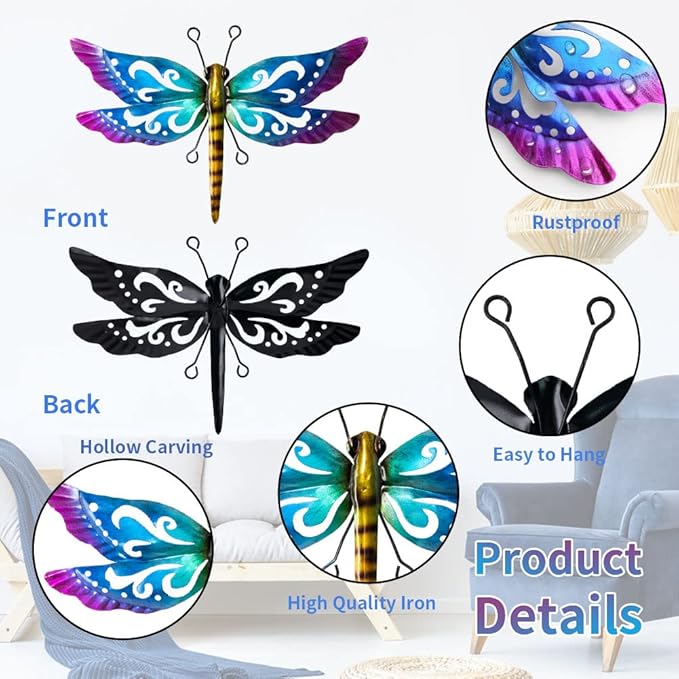 Dragonfly Garden Decor, 3 Pack Colorful Metal Dragonfly Wall Decor, Outdoor Decor Art for Patio, Yard, Fence, Garden, Outside, Backyard, Balcony