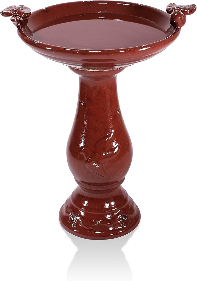 Alpine Corporation 25" Tall Outdoor Antique Ceramic Birdbath with 2 Bird Figurines - Vintage Style Garden Bird Bath Bowl for Patio, Yard, Lawn Decor, Red