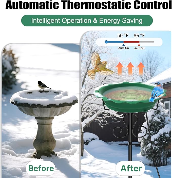 Heated Bird Baths for Outdoors, 100W Heated Birdbath Bowl for Outdoors for Winter with 5-Prong Metal Base Thermostat Control, Heated Bird Bath for Outside Winter Garden Patio Yard Lawn (Green)