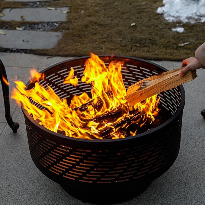26" Wood Burning Fire Pits with Grill & Lid, Fire Pit Table for Outside with Waterproof Cover & Fire Poker, Outdoor Firepit with Functions for BBQ,Table and Bonfire