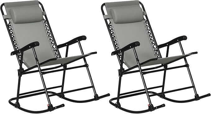 Outsunny 2 Piece Outdoor Rocking Chair Set, Patio Folding Lawn Rocker Set with Headrests for Yard, Patio, Deck, Backyard, Gray
