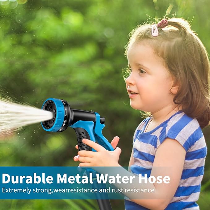 50FT Water Hose with 10 Functions, Adjustable Spray Nozzle, Flexible Durable No Kink Leak Dog Proof Stainless Steel Garden Hose 50FT for Yard Lawn