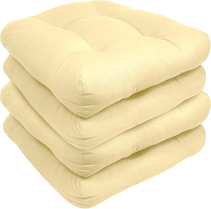 Sweet Home Collection Patio Cushions Outdoor Chair Pads Premium Comfortable Thick Fiber Fill Tufted 19" x 19" Seat Cover, 4 Count (Pack of 1), Yellow