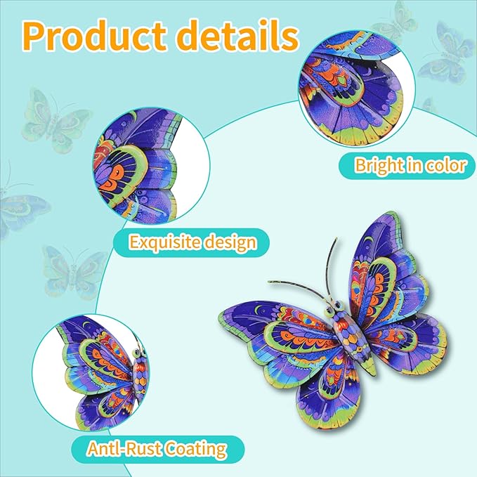 Junware 8 Pieces Metal Butterfly Wall Art Decor - 5.9" Outdoor Fence Wall Sculpture Decor, Hanging Decoration for Garden Yard Living Room Bedroom Patio Balcony, Nice Gift for Mom Friend