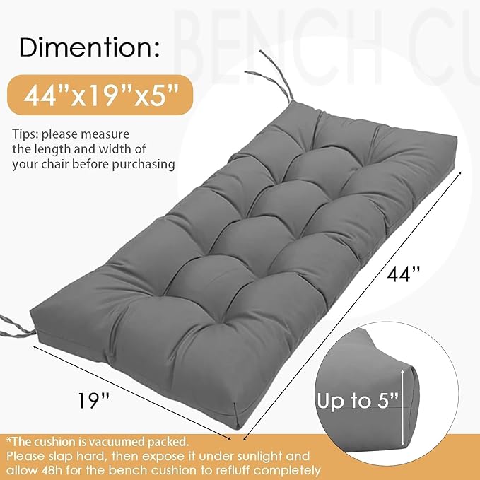 MTMR Water-Repellent Tufted Outdoor Bench Cushion-44X19 Inch Porch Swing Cushion with High Elasticity PP Cotton and Durable Ties, Thick Patio Bench Cushion for Outdoor Furniture, Indoor Window Cushion