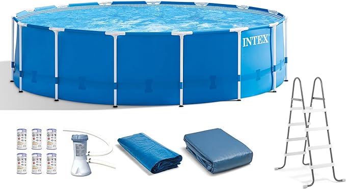 Intex Metal Frame 15' x 48" Round Above Ground Swimming Pool Set with Filter Pump, Ladder, and Cover with Maintenance Accessory Vacuum and Skimmer Kit