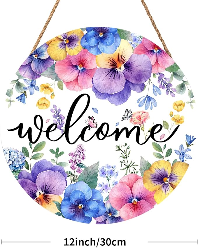Welcome Spring Summer Red Blue Purple Floral Door Sign For Front Door Decor,Pansy Flowers Butterfly Wooden Sign 12"x 12" Round Spring Hanging Door Sign Decoration for Wall Rustic Decor