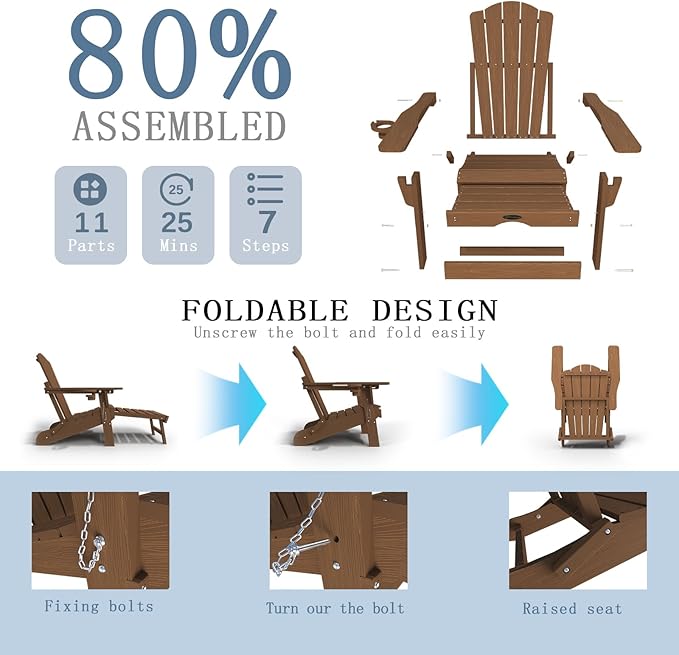 Folding Adjustable Adirondack Chairs with Ottoman & 1 Cup Holders Set of 2, HDEP Multifunctional Adirondack Chair with Footrest,Wood