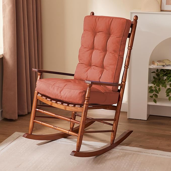 Rocking Chair Cushion, Waterproof and Fade-Resistant Patio Chair Cushions, Tufted Chair Pads for Rocker Furniture, 17x17 Inch, Indoor/Outdoor Seat Cushions with Ties, Spice