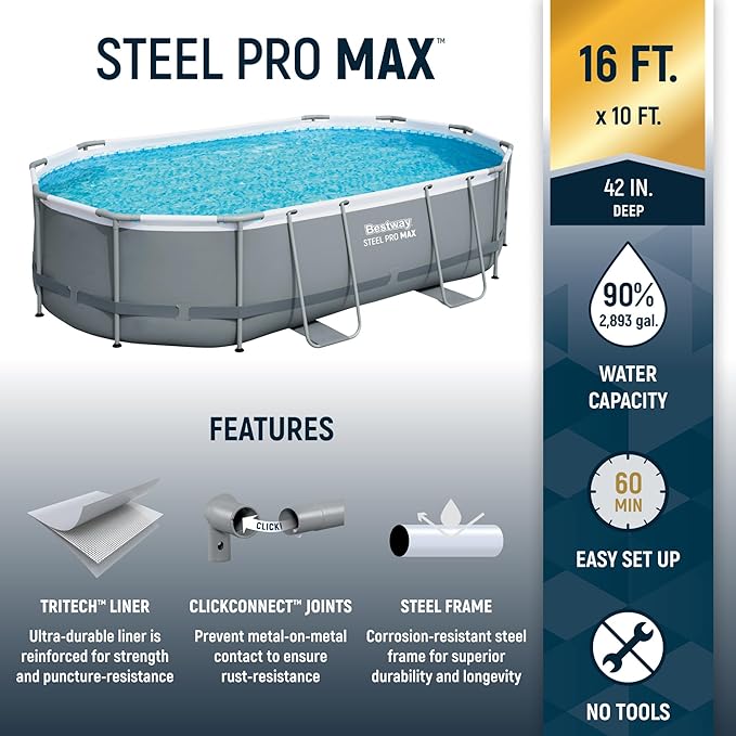 Bestway Steel Pro MAX 16' x 10' x 42" Above Ground Pool, Oval Metal Frame Outdoor Swimming Pool Set with Filter Pump, Ladder, and Cover, Gray