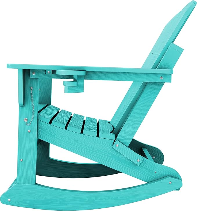 KINGYES Adirondack Rocking Chair Set of 2 with Retractable Ottoman and Cup Holders, HDPE Adirondack Rocker Patio Rocking Chair for Porch, Patio, Balcony, Aqua Blue