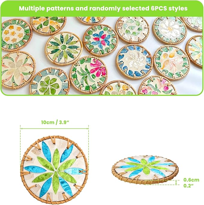 SNAIL GARDEN Drink Coasters Set of 6 - Colorful Shell Cup Mats, Handmade Woven for Kinds of Cups, Wooden Table Protection, Housewarming Gifts