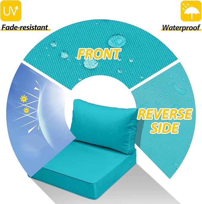 AAAAAcessories Outdoor Seat Cushions for Chairs, Fade-Resistant, Waterproof Patio Furniture Replacement Cushions, 23.5" x 25.5" x 5" + 23.5" x 13.5", Turquoise Blue
