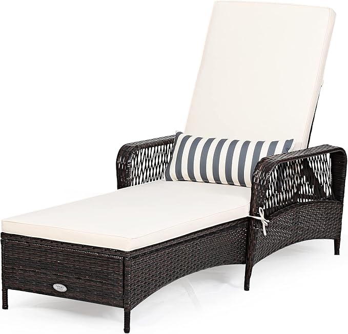Tangkula Wicker Chaise Lounge Outdoor, Patio Rattan Reclining Chaise with 6-Gear Adjustable Backrest, Thick Padded Cushion & Removable Lumbar Pillow, Pool Lounge Chairs for Outside Balcony Backyard