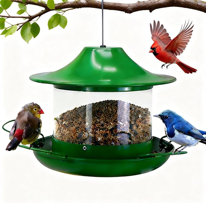 Metal Bird Feeder for Outdoors, Large Capacity Weatherproof Rustproof Wild Bird Feeder with Drainage, Easy to Clean Anti-Squirrel Hanging Feeder for Garden Décor, Nature Green