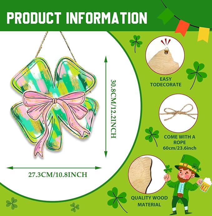 St Patricks Day Door Decorations, St Patricks Day Decorations, Shamrock Door Decoration, Lucky Painted Clover With Bow Wood Hanging Sign for Office Party Porch Yard Outdoor Indoor Home Decor
