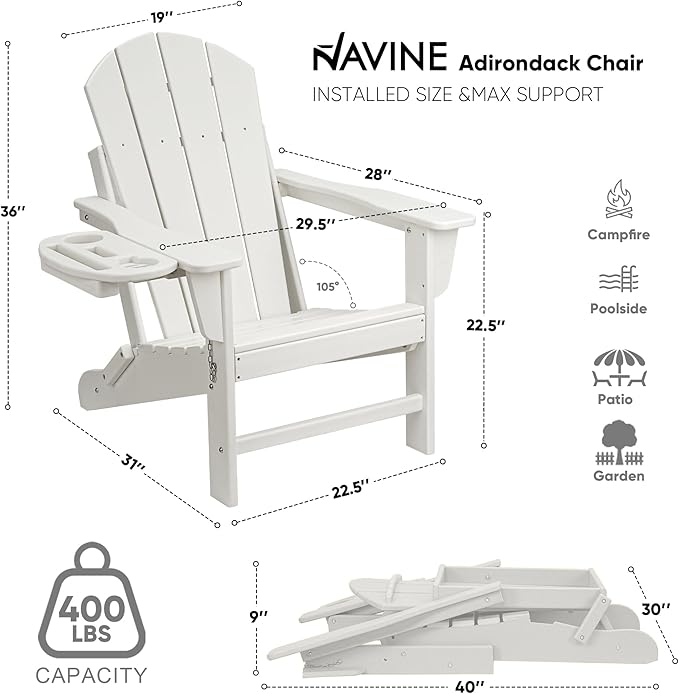 Adirondack Chair Set of 2, HDPE Folding Adirondack Chair with Multifunctional Cup Holder, Weather Resistant Fire Pit Chair for porches, patios, patios, poolsides, Decks.