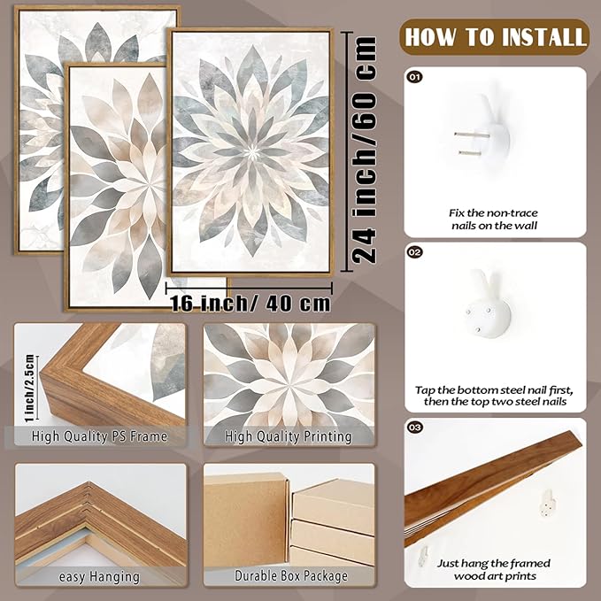 QTUSYUR Boho Mandala Wall Art - Large Farmed Neutral Minimalist Art Print - Farmhouse Floral Canvas Artwork for Bedroom and Living Room- Modern Elegant Flower Wall Pictures for Home Decor 16”×24”×3